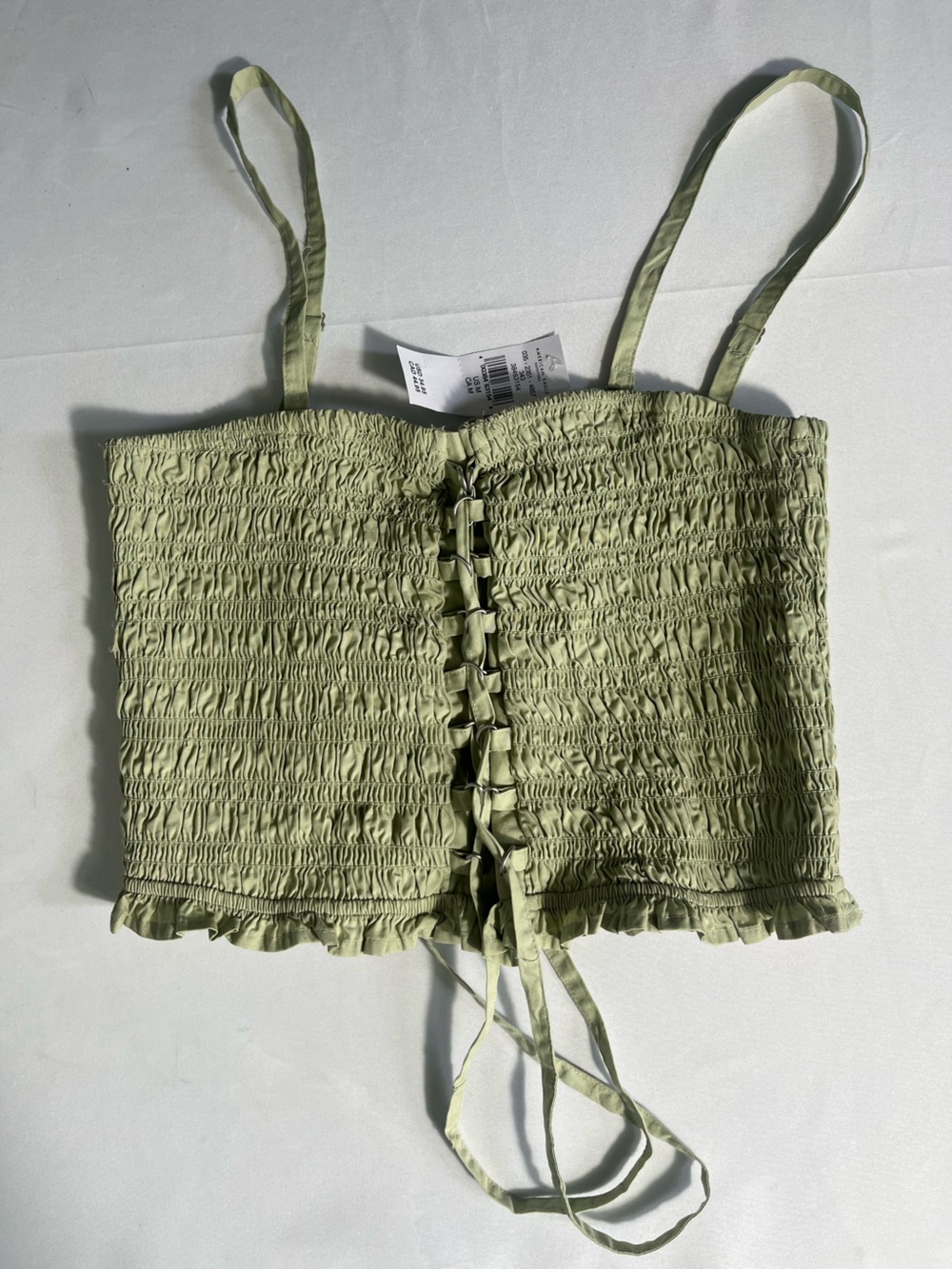 American Eagle NWT Sage Green Smocked Tie Strap Crop Top Size M Boho Summer‎